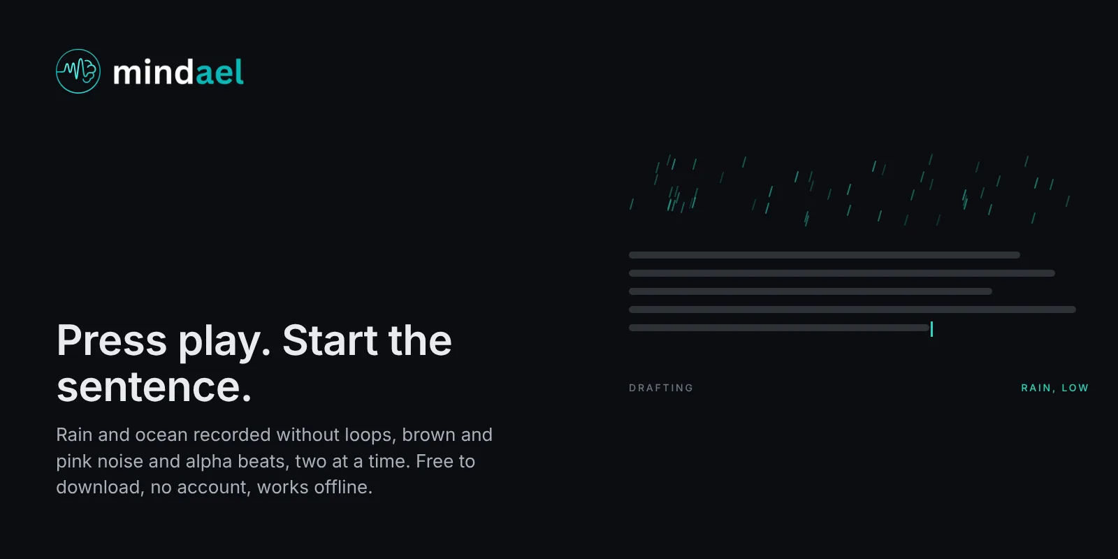 Mindael app playing rain under a writing session as music for writing without lyrics, free on the App Store