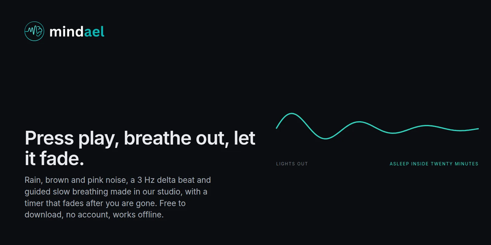 Mindael app for falling asleep fast with rain, brown noise and a delta beat under guided slow breathing, free on the App Store