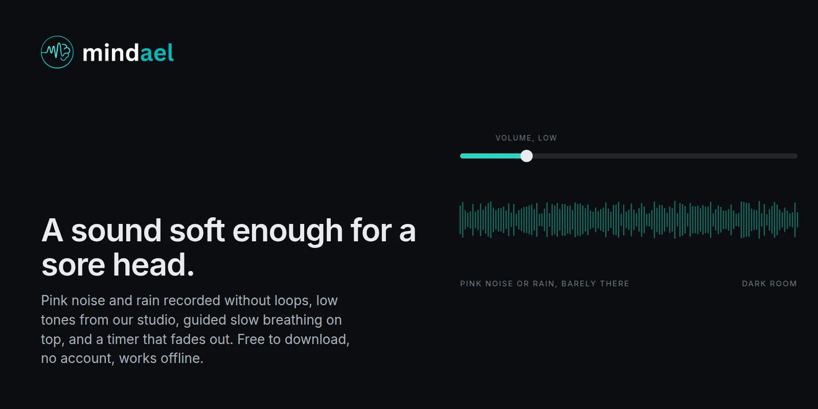 Mindael app for stress headache relief with low pink noise, rain and guided slow breathing, free on the App Store