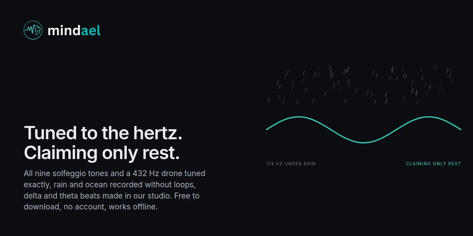Mindael app playing the 174 Hz tone under rain for a lying-down rest, free on the App Store