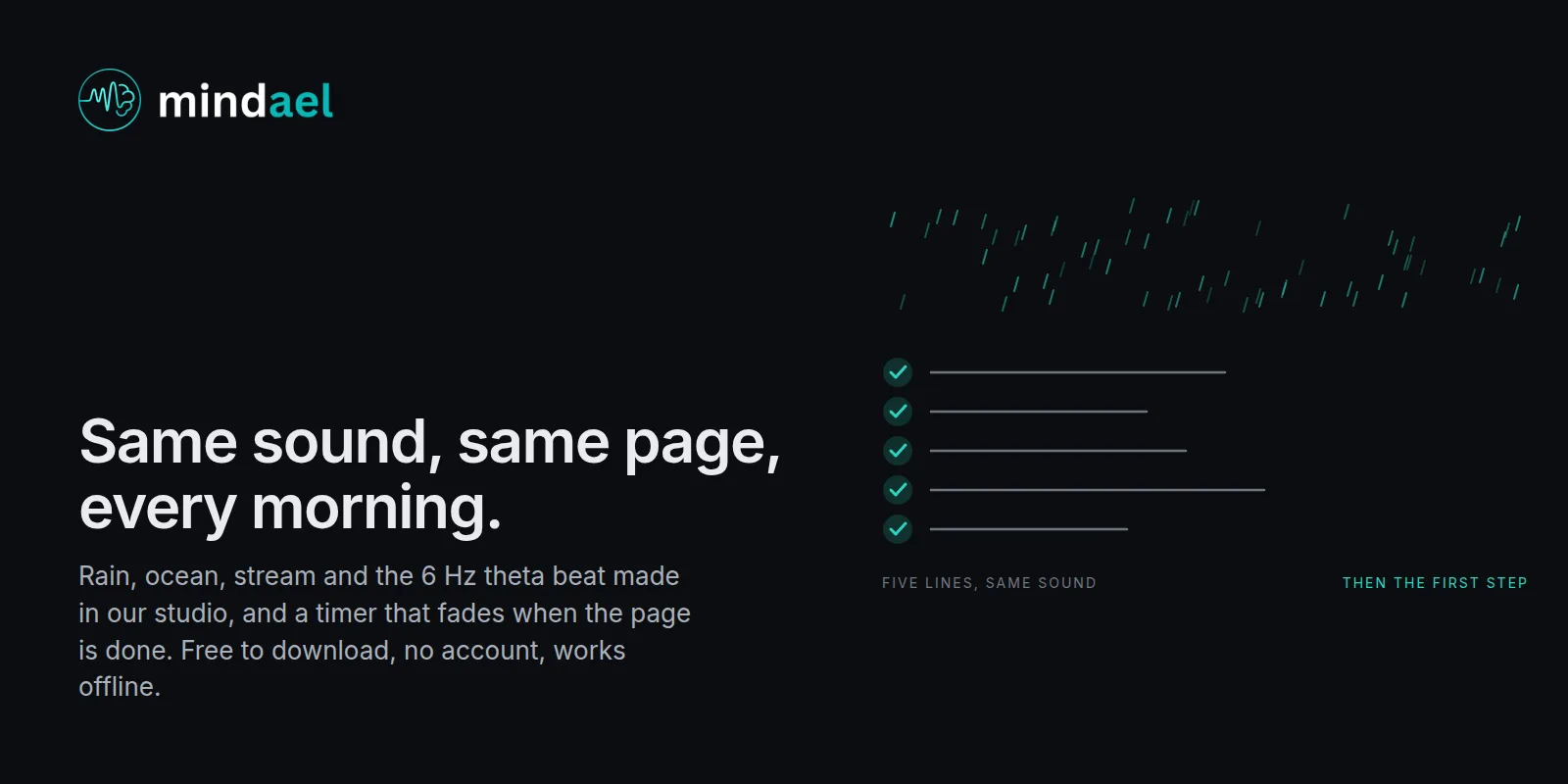 Mindael app with rain and the theta beat for a five-minute morning goal page, free on the App Store