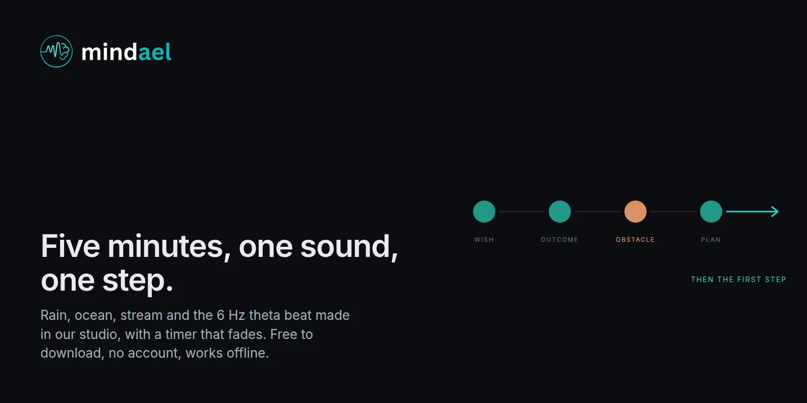 Mindael app with rain and the theta beat for a five-minute goal practice, free on the App Store