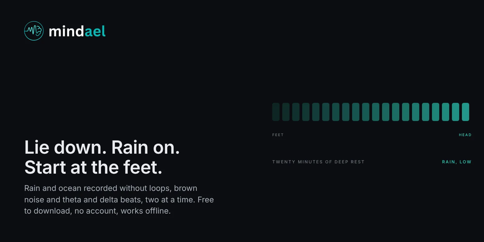Mindael app playing rain under a twenty-minute body scan meditation, free on the App Store