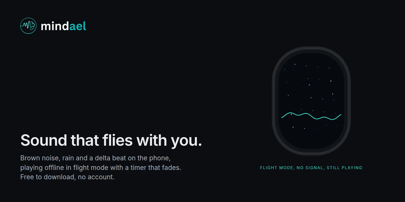 Mindael sleep sounds app playing brown noise offline in flight mode for sleeping on an airplane, free on the App Store
