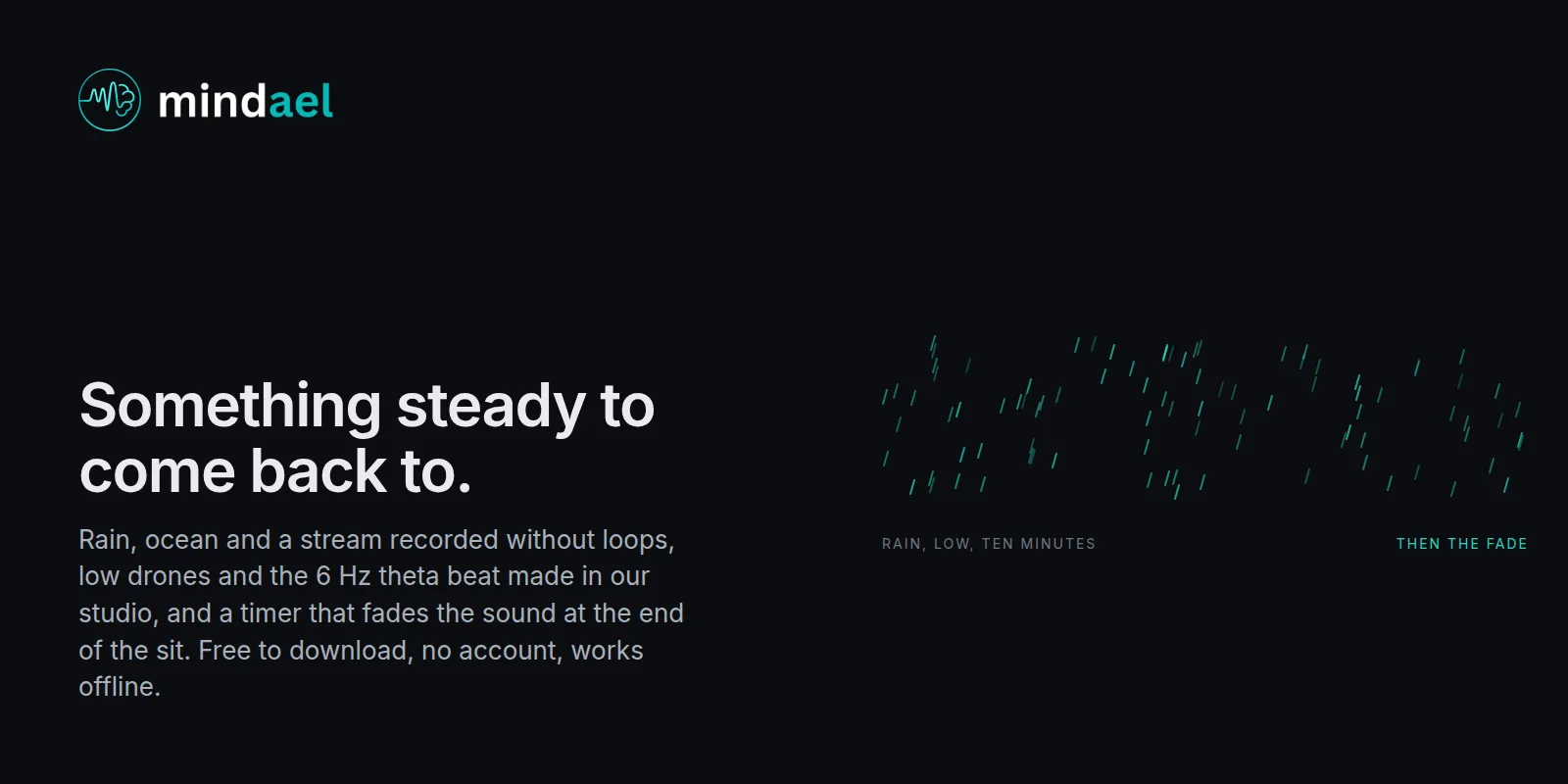 Mindael app with rain under a ten-minute beginner meditation and a fading timer, free on the App Store