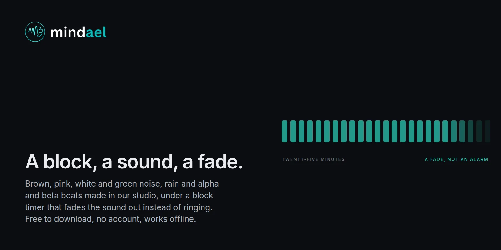 Mindael app as a study timer with brown noise under a 25-minute block, free on the App Store