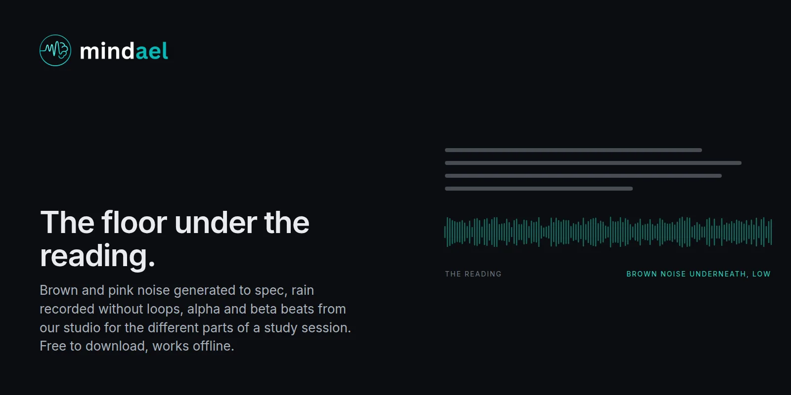 Mindael app for studying with brown noise, rain and alpha beats under a reading session, free on the App Store