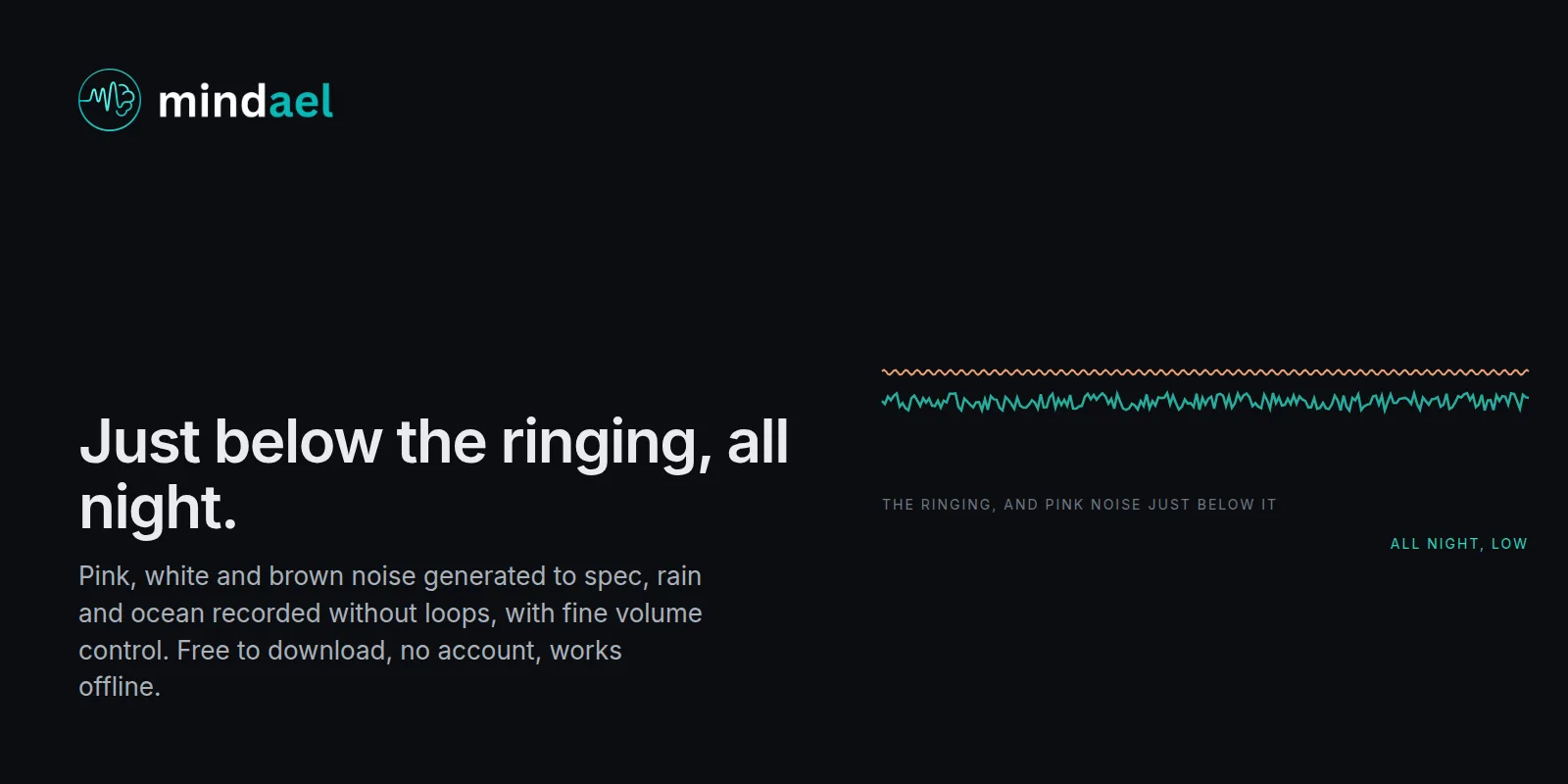 Mindael app playing pink noise and rain at a low level for tinnitus at night, free on the App Store
