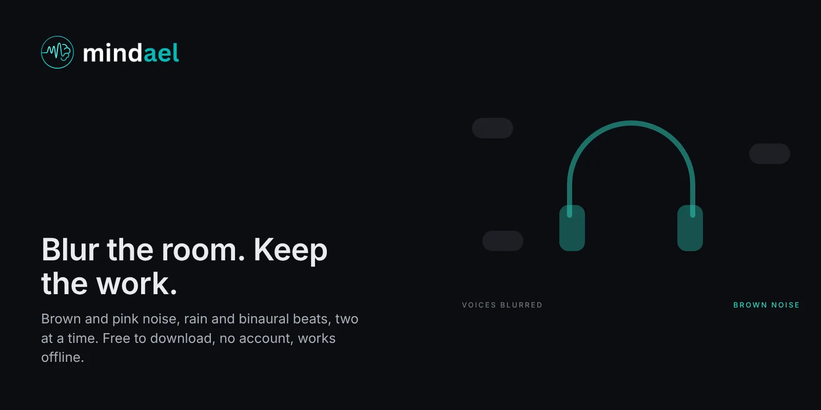 Mindael app playing brown noise in headphones in an open-plan office as focus at work music, free on the App Store