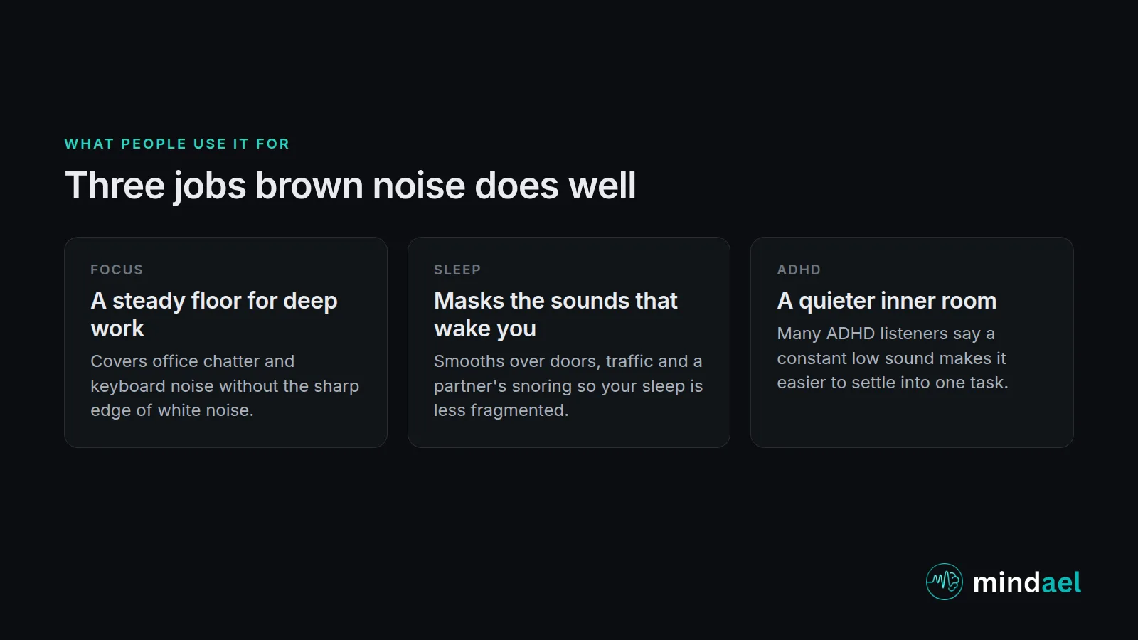 Brown noise benefits for focus, sleep and ADHD summarized in three cards