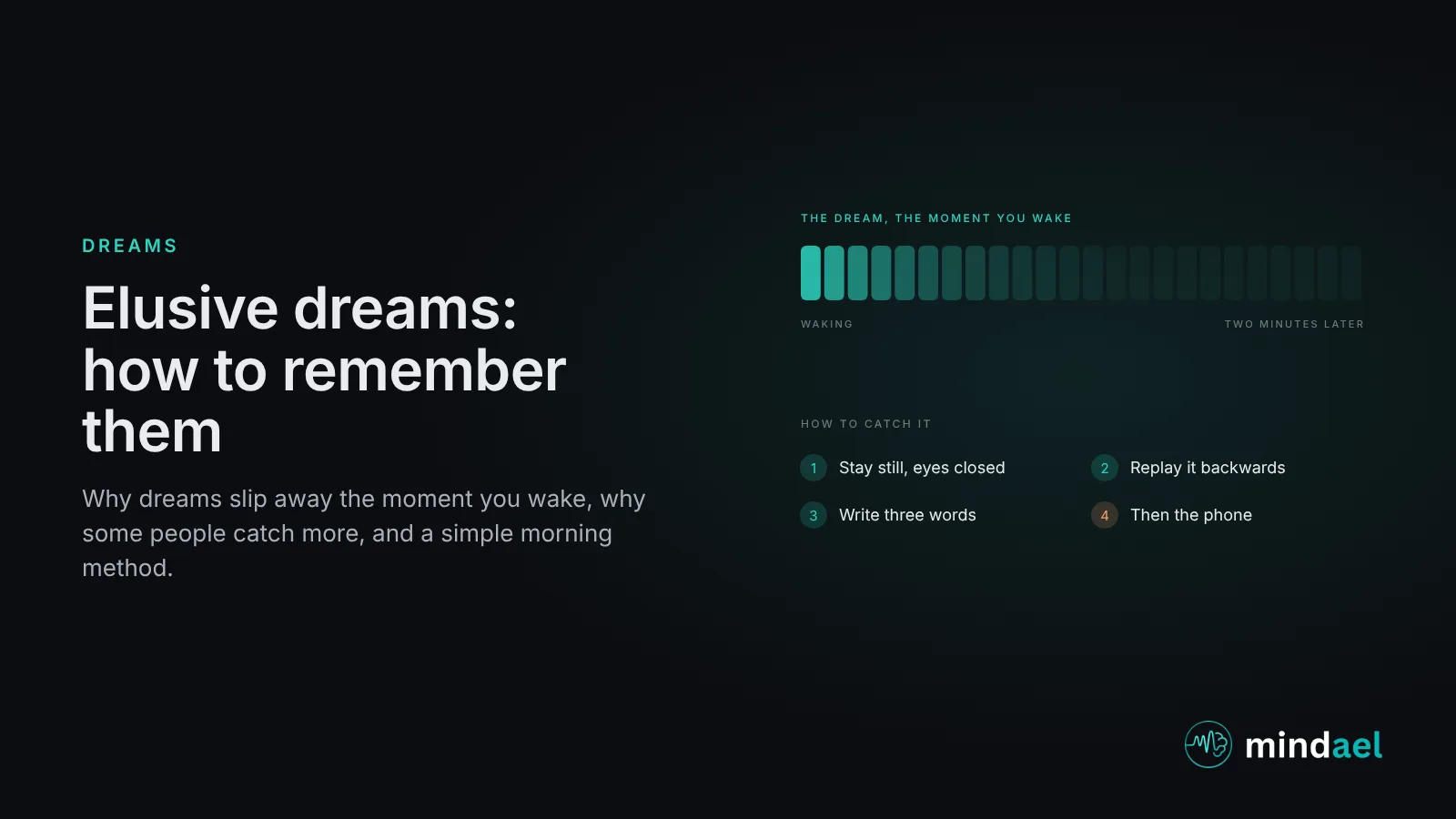 Elusive dreams: a dream fading over the first minutes after waking, with the four steps that catch it, stay still, replay, write three words, then reach for the phone