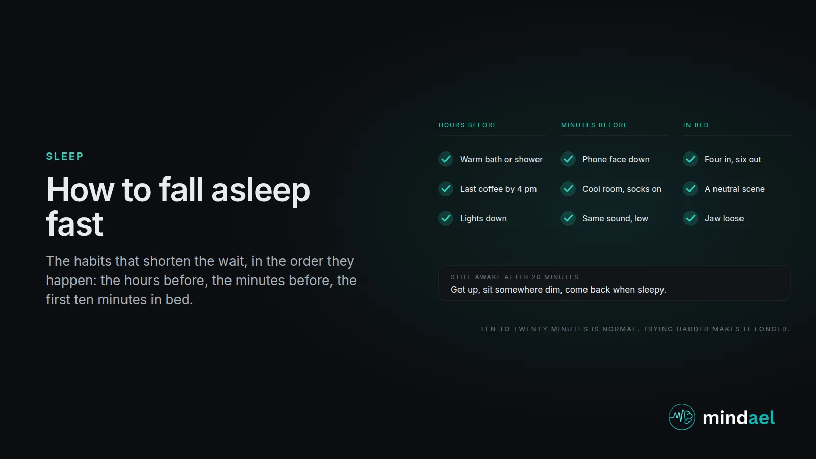 How to fall asleep fast: a three-column checklist of what to do in the hours before bed, the minutes before bed and the first ten minutes in bed, with a twenty-minute rule underneath