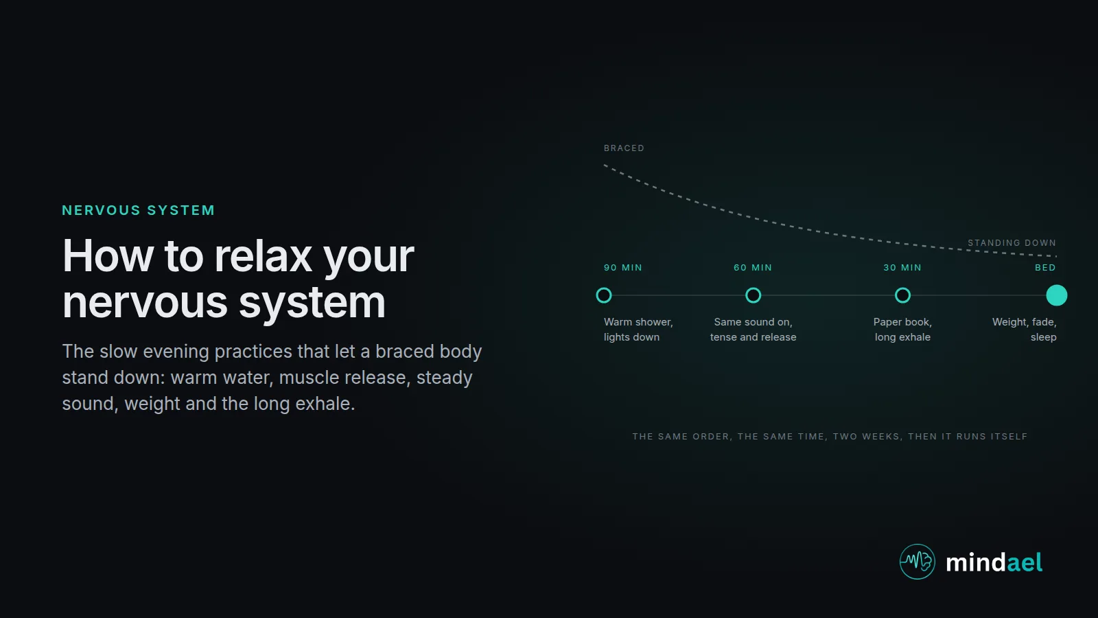 How to relax your nervous system: an evening timeline from a warm shower through dim light, steady sound, progressive muscle relaxation and slow breathing to sleep