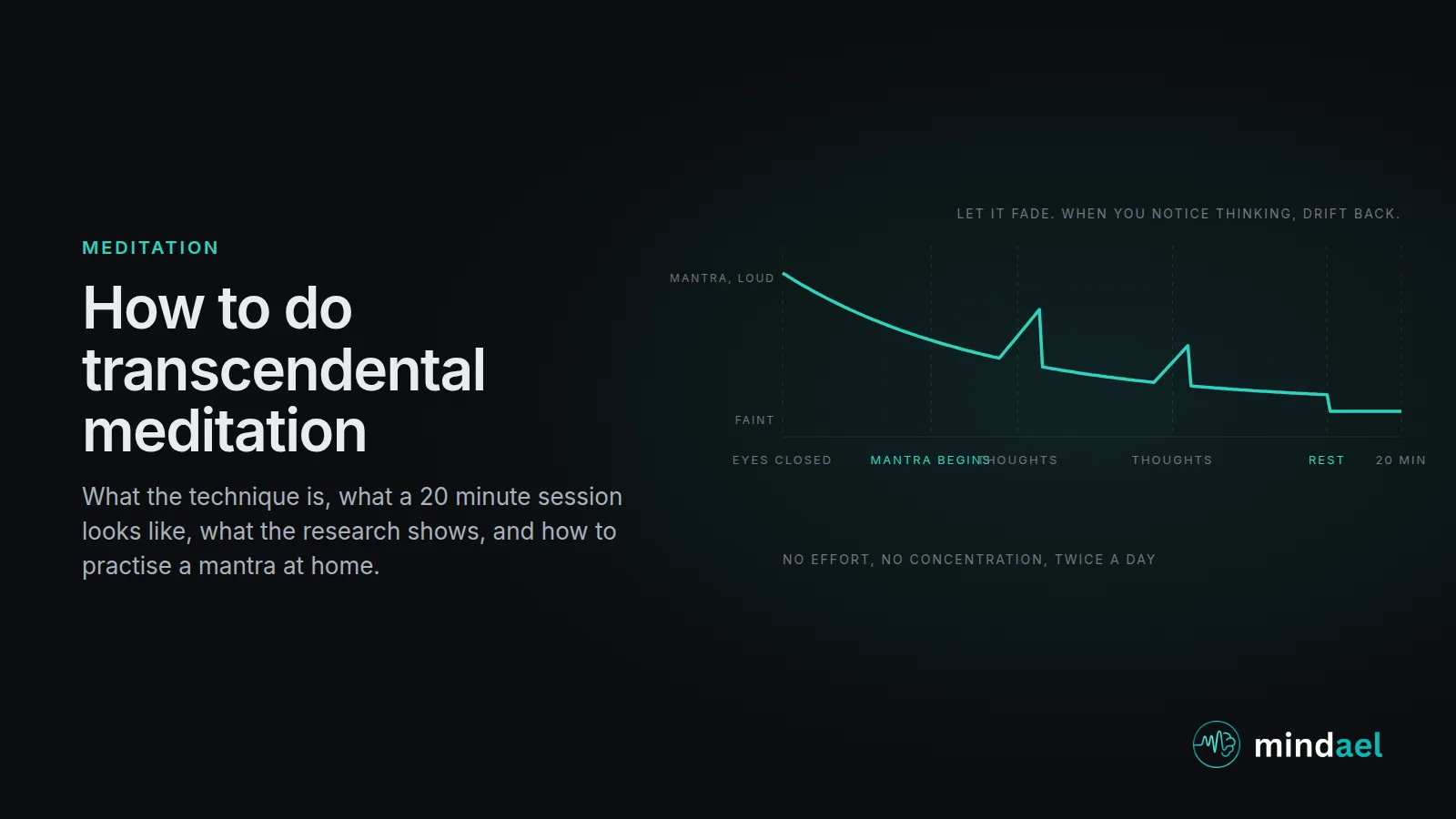 How to do transcendental meditation: a 20 minute session timeline, eyes closed, mantra introduced effortlessly, thoughts allowed, mantra returning, two minutes of rest at the end