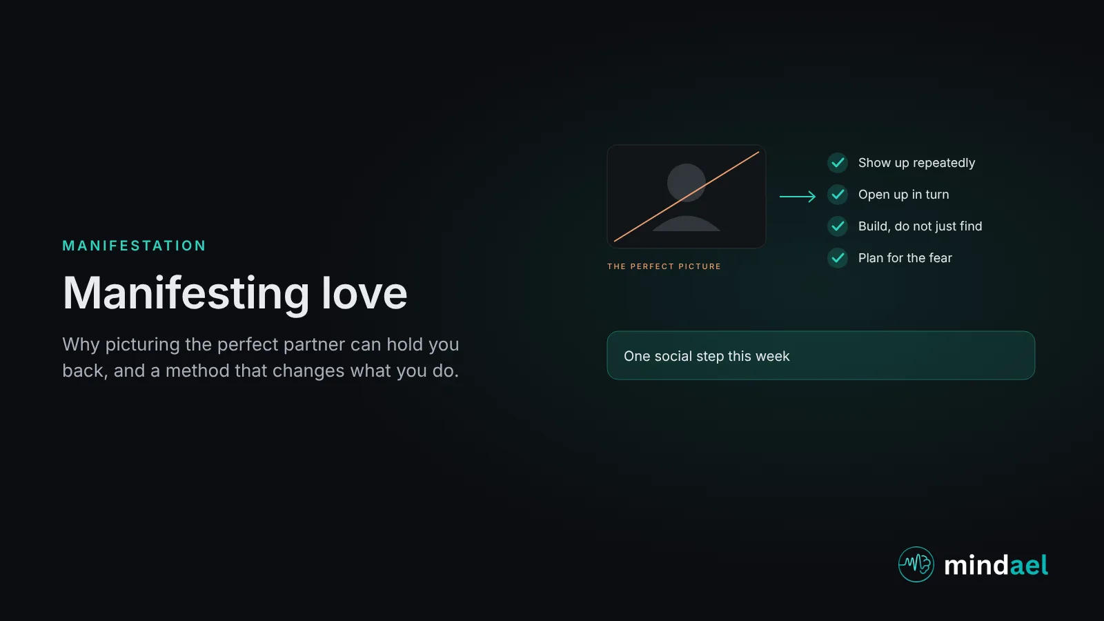 Manifesting love: a shift from picturing a perfect partner to four actions, show up repeatedly, open up in turn, build not find, and plan for the fear, ending in one social step this week