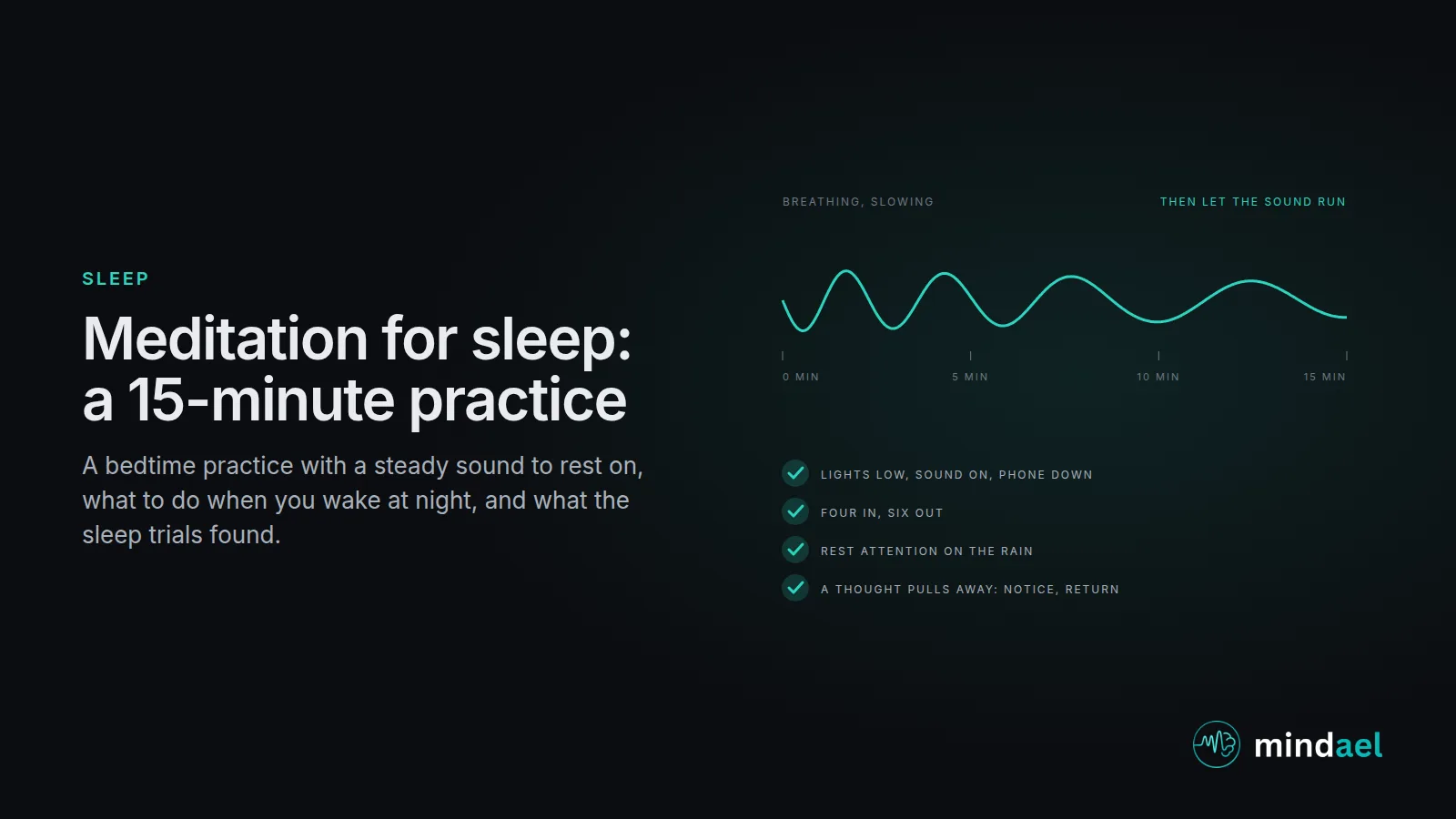 Meditation for sleep: a fifteen-minute bedtime practice in four parts, lights low, slow out-breath, attention resting on a steady sound, and returning when a thought pulls away, with breathing slowing across the session
