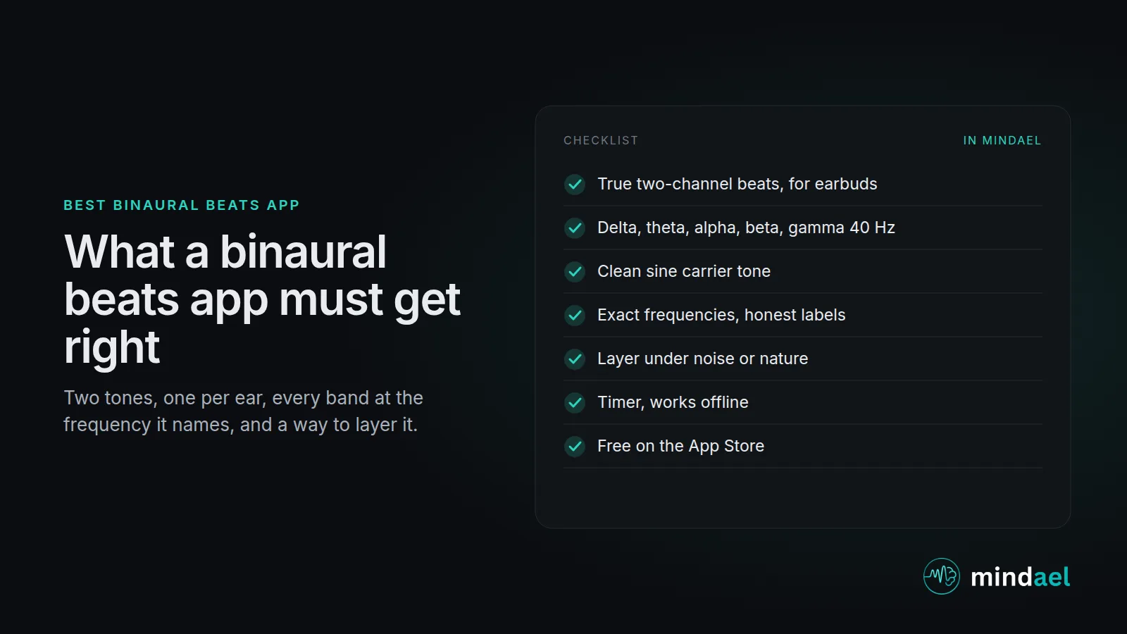 Best binaural beats app checklist: true two-channel beats, delta to gamma, clean carrier tone, layering, covered by Mindael
