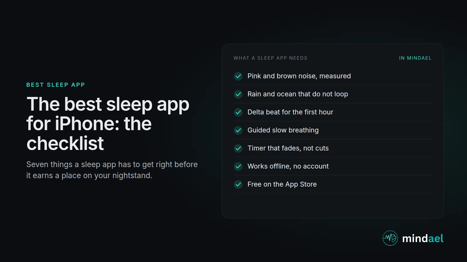 Best sleep app checklist for iPhone: studio sleep sounds, delta beat, breathing guide, fading timer, mixing, offline, no account, covered by Mindael