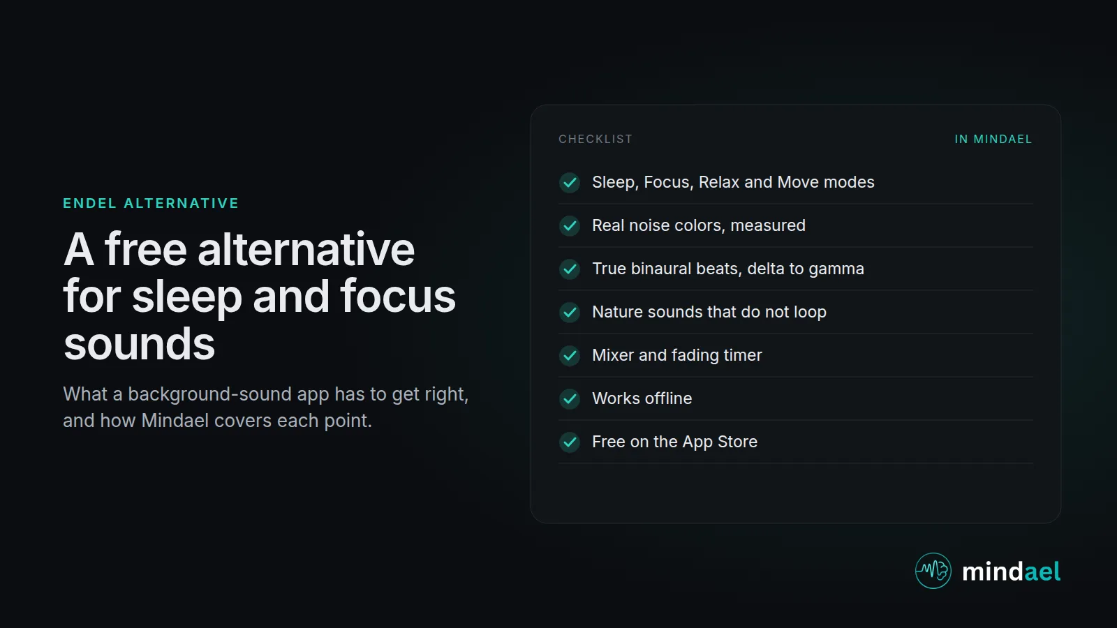 Free alternative to Endel: checklist of what a sleep and focus sound app needs, covered by Mindael