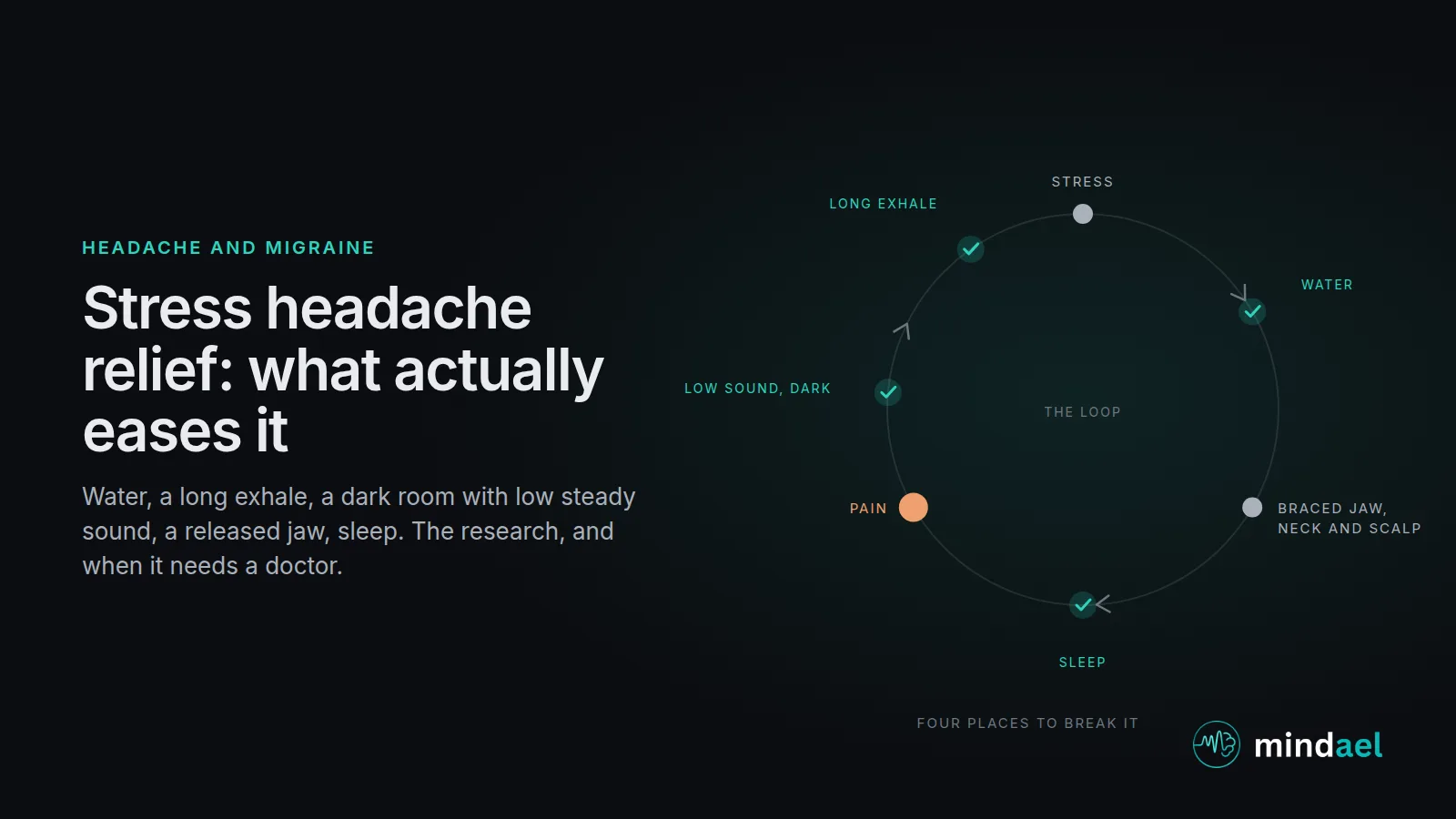 Stress headache relief: the loop from stress to braced jaw, neck and shoulders to pain, and the four places to break it, water, breath, sound and sleep