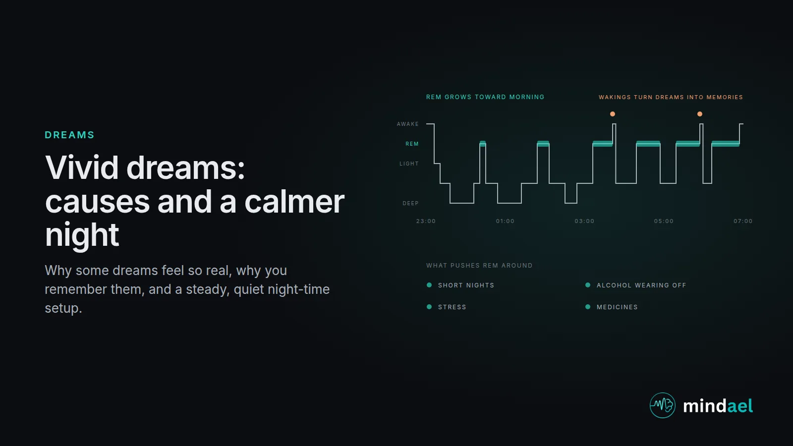 Vivid dreams: a night of sleep cycles from 11 p.m. to 7 a.m. with REM periods growing longer toward morning, the causes that push REM around, short nights, alcohol, stress and medicines, and brief wakings that turn dreams into memories